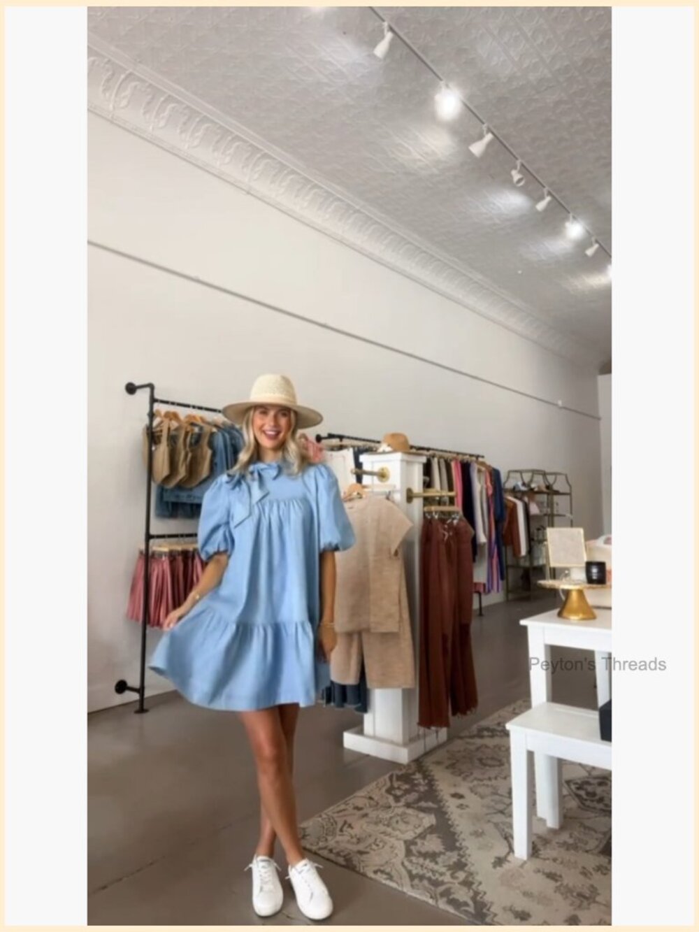 Puff Short Sleeve Denim Dress Mock Neck Babydoll Shift Dress with Bow - Picture 7 of 7